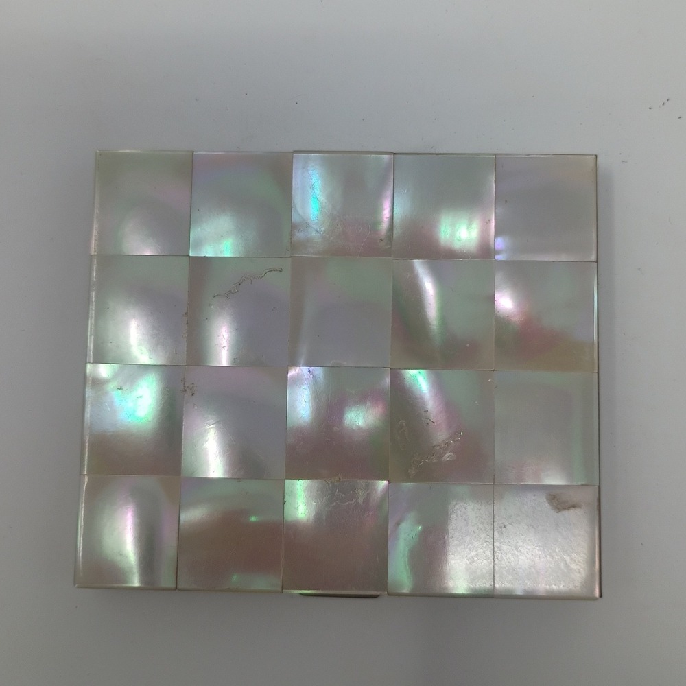 Vintage Mother of Pearl Checkered Makeup Powder Compact with Mirror and Puff